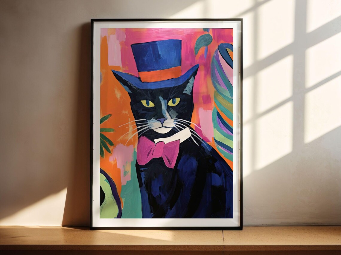 Black Cat in Top Hat and Bow Tie Neon Pop Art Portrait Poster - Image 2