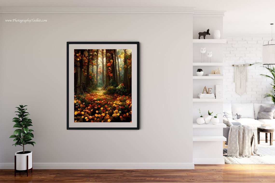 Autumn Woodland Trail Fall Foliage Sunlit Forest Floor Landscape Print - Image 4