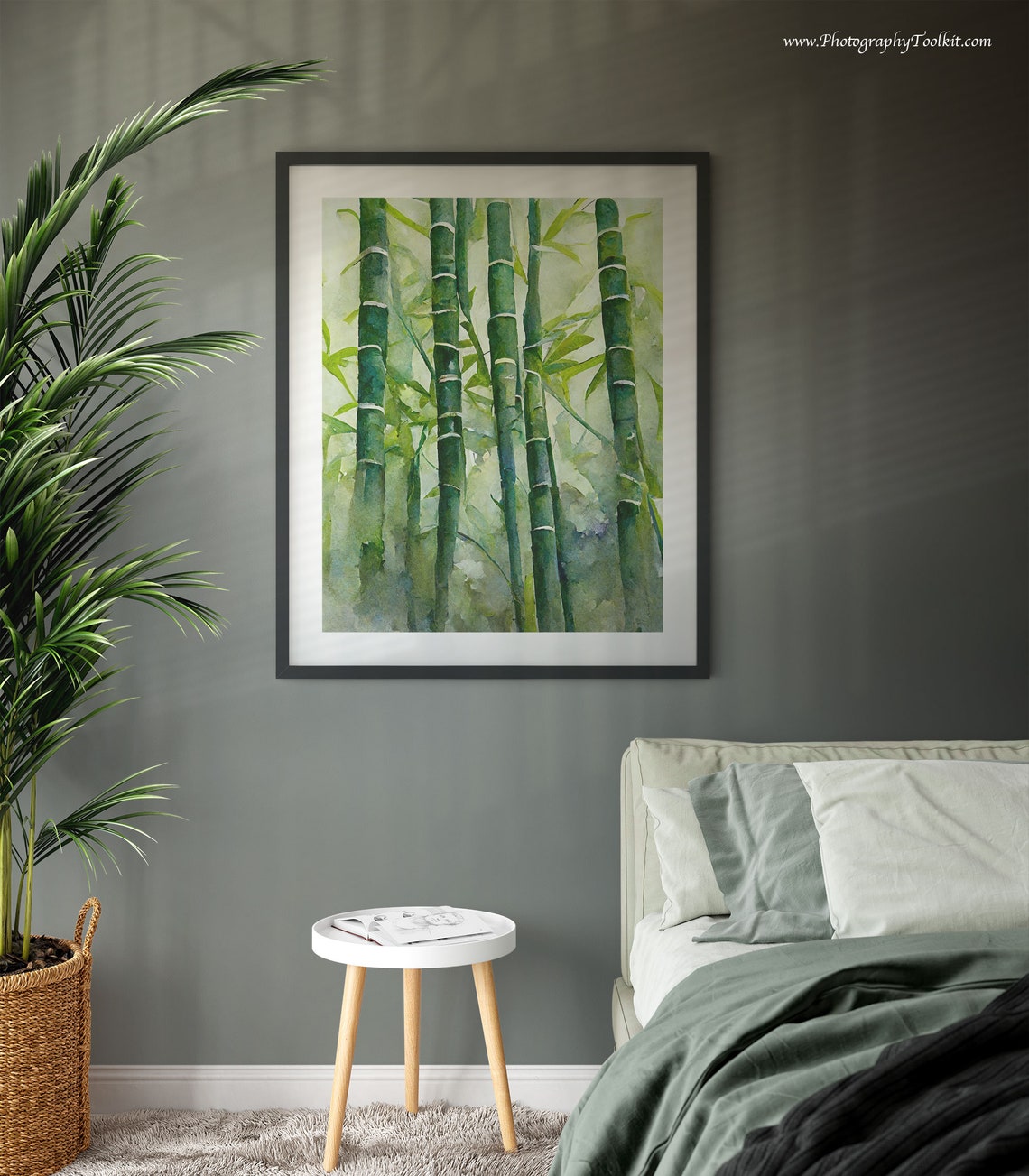 Tall Green Bamboo Stalks in Soft Morning Mist Watercolor Art Poster - Image 3