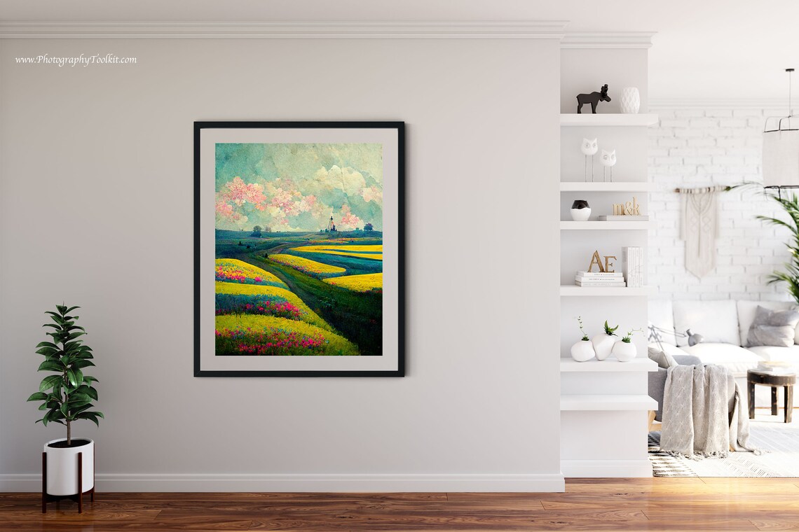Yellow and Pink Flower Fields Under Blossom Clouds Impressionist Poster - Image 4