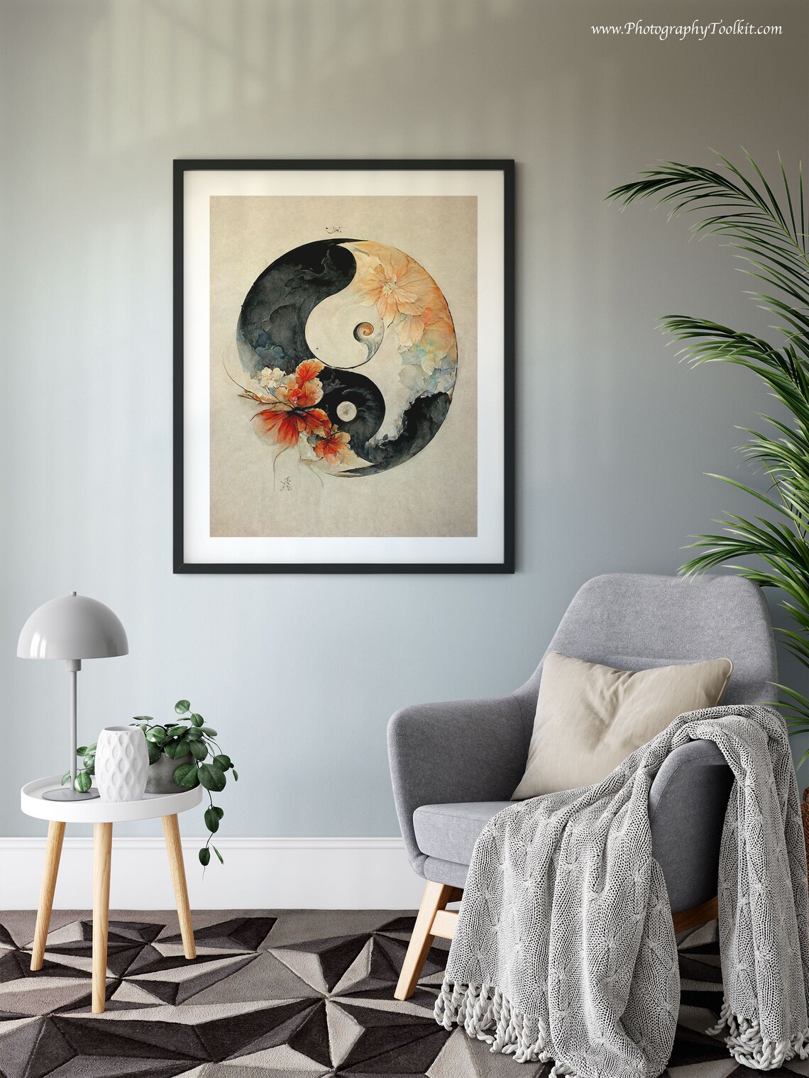 Floral Yin Yang Watercolor Wall Art Boho Balance Symbol Peach Blossom Decor - Image 6