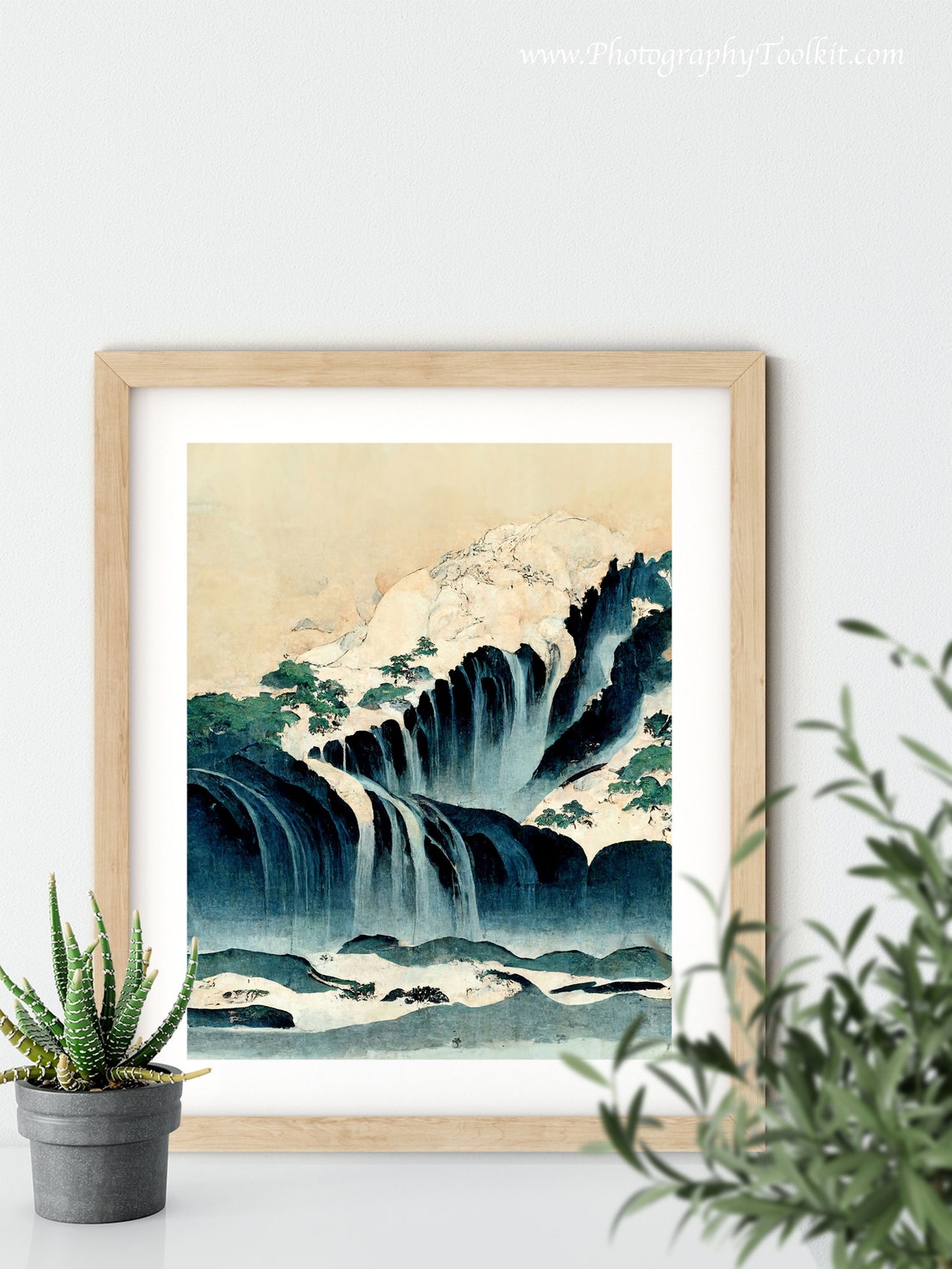 Japanese Style Waterfalls Cascading Over Dark Cliffs Woodblock Poster - Image 5