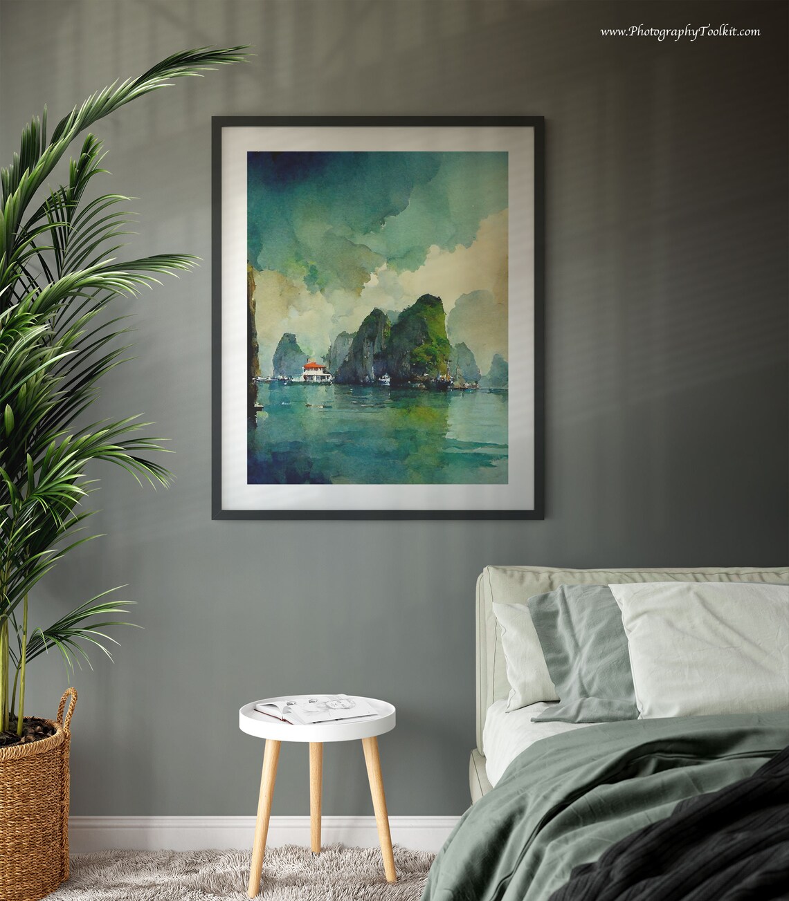 Ha Long Bay Vietnam Karst Cliffs Boats Teal Watercolor Poster - Image 3