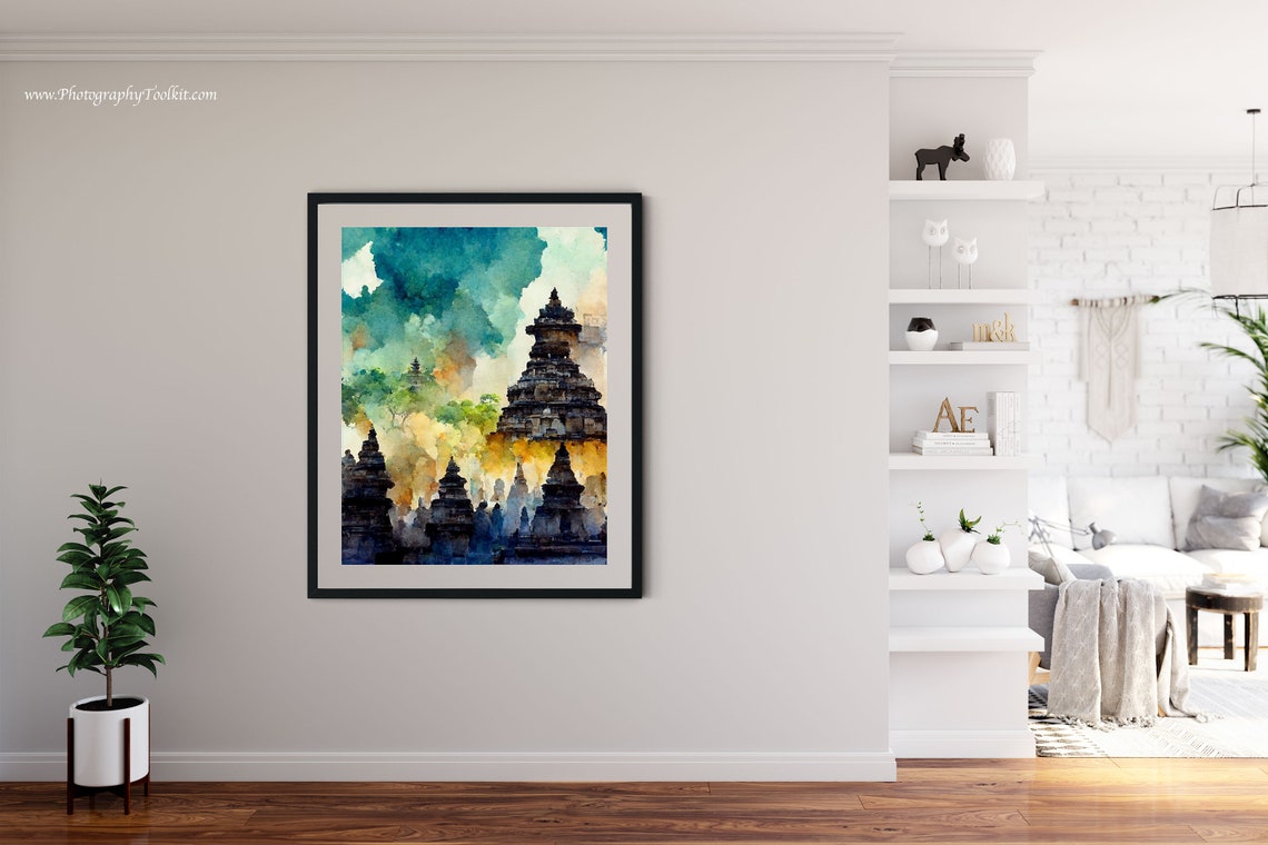 Borobudur Buddhist Temple Stone Stupas Teal Sky Watercolor Poster - Image 4