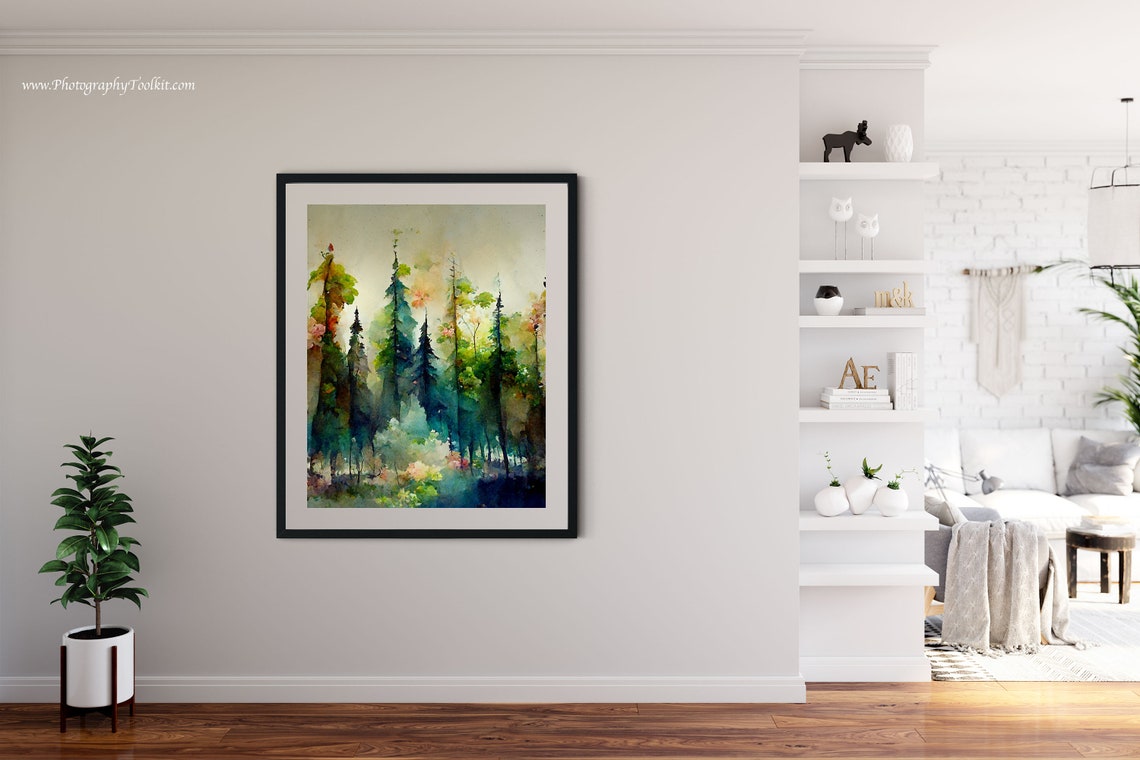 Misty Evergreen Forest Watercolor Green Pines Calm Nature Poster - Image 4
