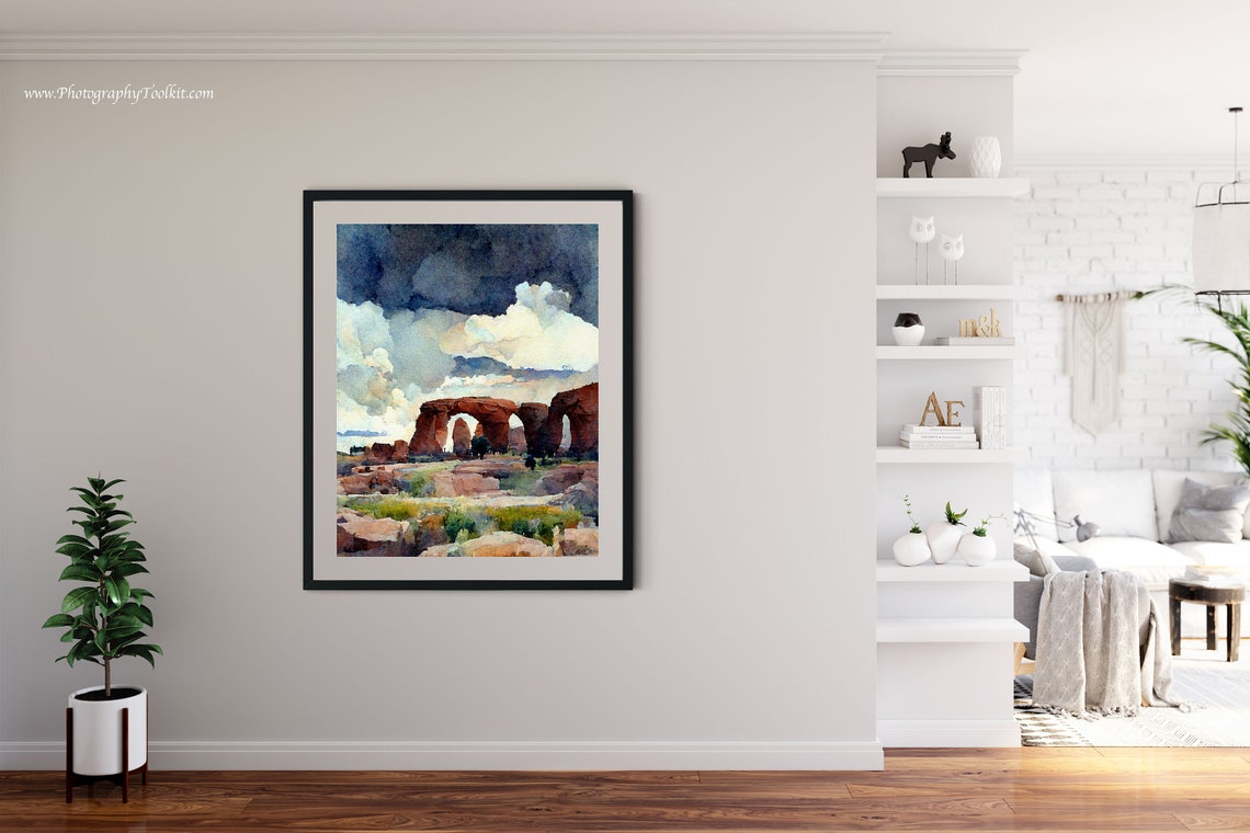 Red Rock Arches Desert Watercolor Dramatic Cloudy Sky Southwest Poster - Image 4