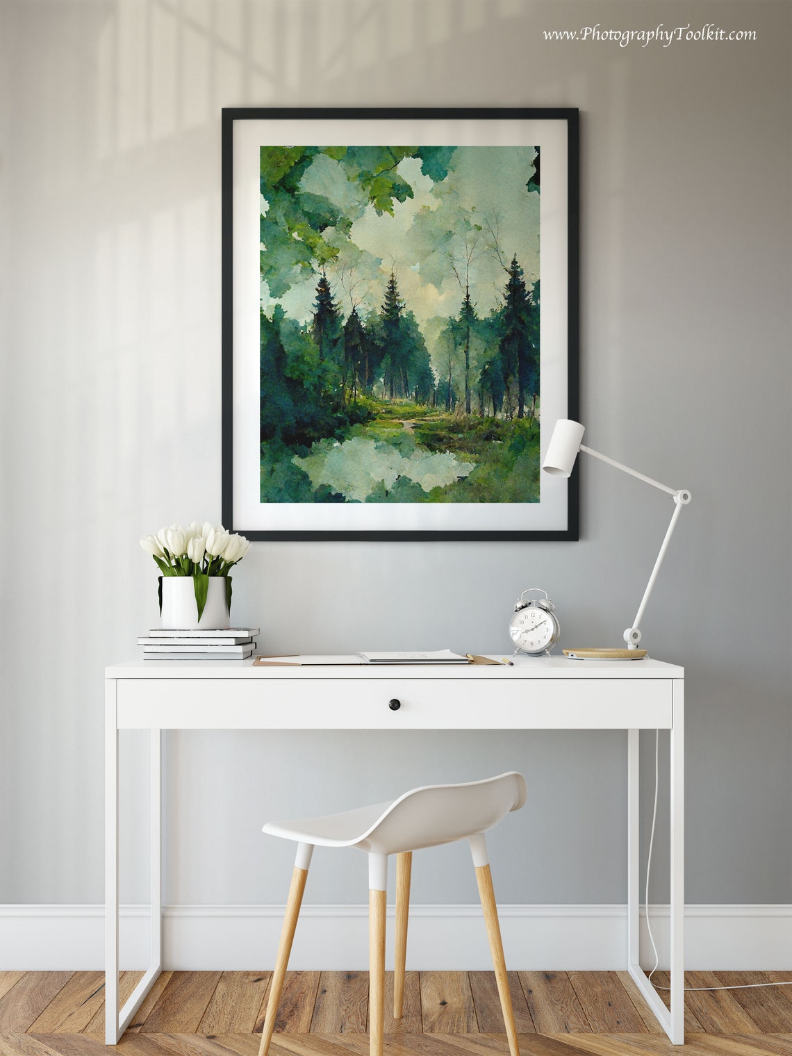 Misty Pine Forest Pond Reflective Calm Serene Watercolor Poster - Image 2