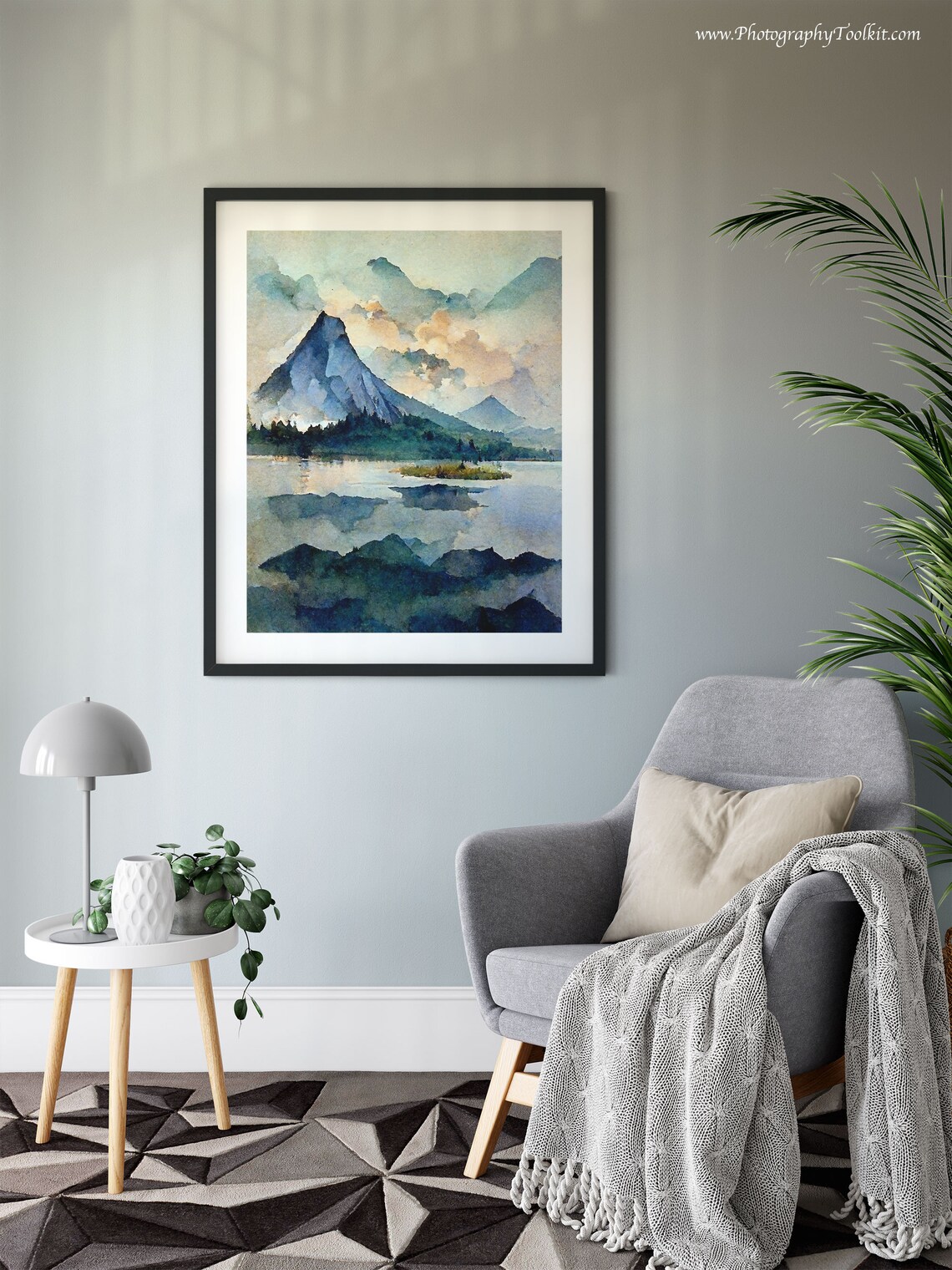 Snowy Mountain Peak Over a Mirror Lake at Sunrise Watercolor Poster - Image 6