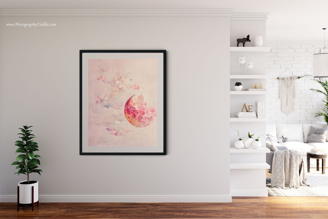 Pink Crescent Moon Blossom Clouds Soft Dreamy Watercolor Print - Image 4