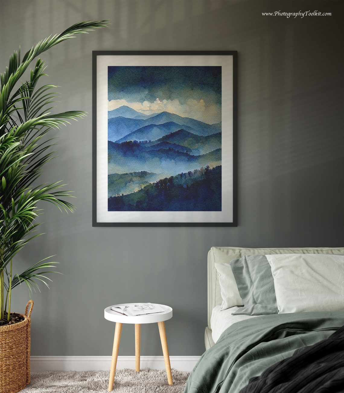 Misty Blue Mountains Watercolor Night Sky Clouds Over Peaks Art Poster - Image 3