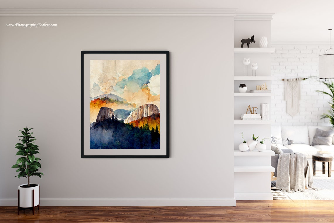 Yosemite Granite Domes Watercolor Print Misty Autumn Peaks Forest Art - Image 4