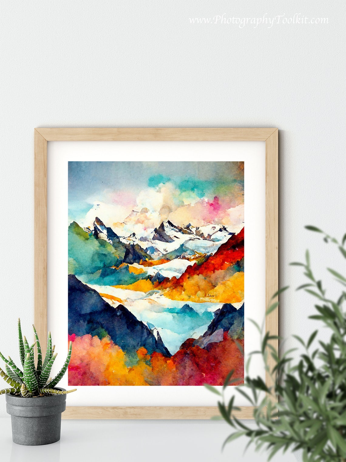 Snowy Mountain Peaks Autumn Colors Vibrant Watercolor Nature Poster - Image 5