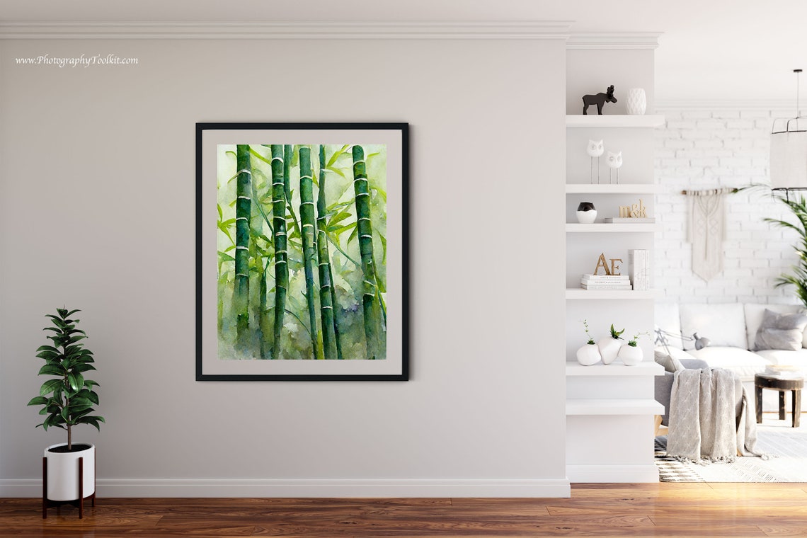 Tall Green Bamboo Stalks in Soft Morning Mist Watercolor Art Poster - Image 4