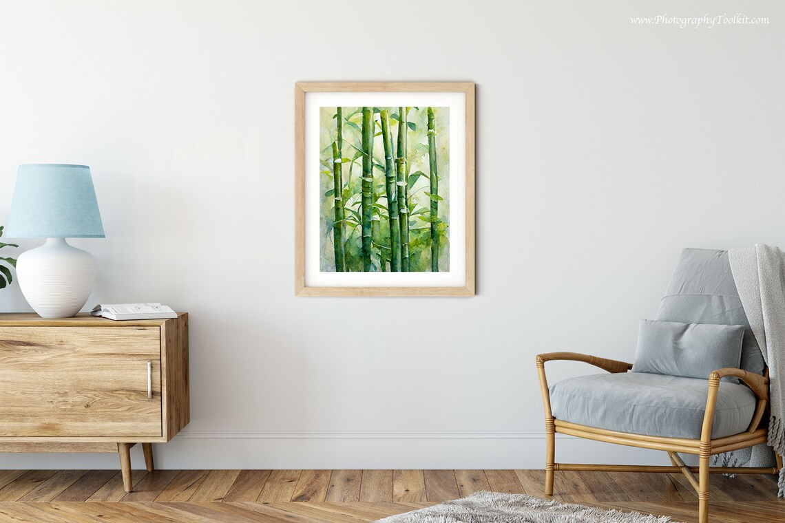Green Bamboo Forest Watercolor Wall Art Tall Bamboo Stalks Zen Garden Decor - Image 2
