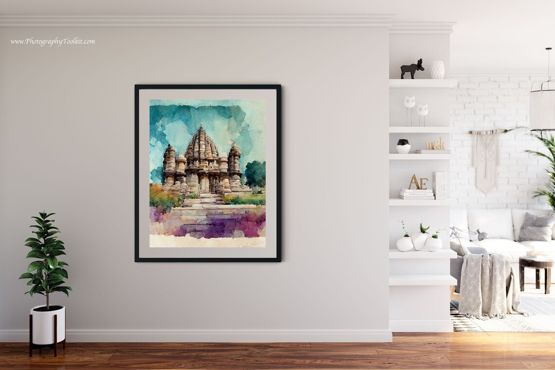 Khajuraho India Ancient Stone Temple Watercolor Teal Sky Poster - Image 4