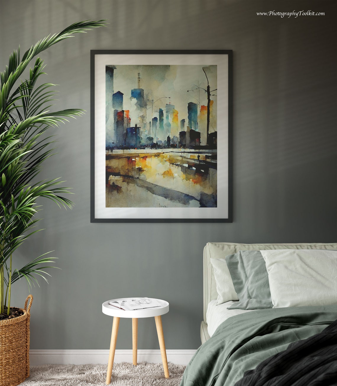 Rainy City Street Skyline Reflections Watercolor Abstract Art Poster - Image 3