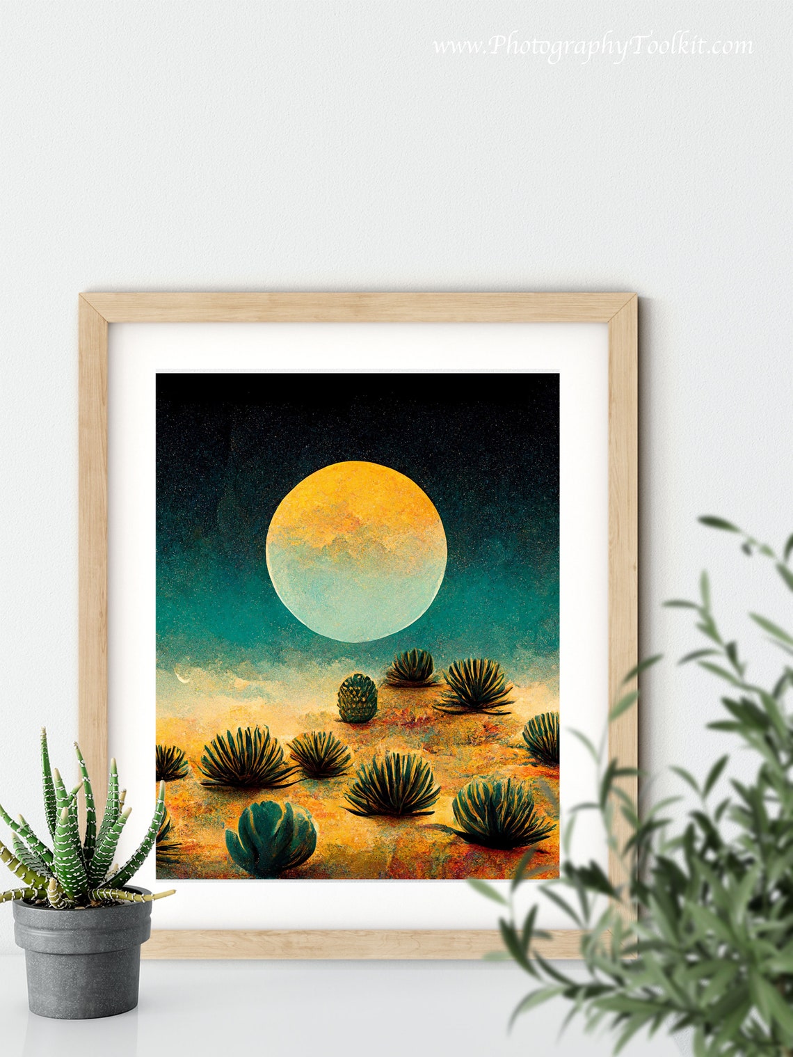 Desert Night Moon Wall Art Giant Yellow Moon Agave Plants Starry Sky - Image 5