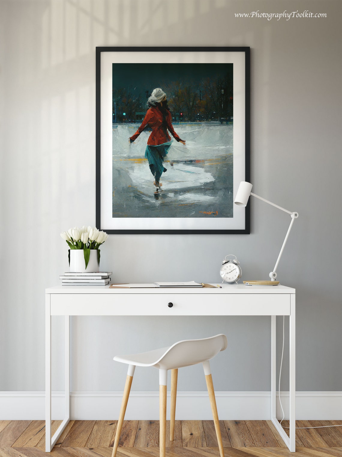 Woman Ice Skating at Night in a Red Coat Painterly Winter Poster - Image 2