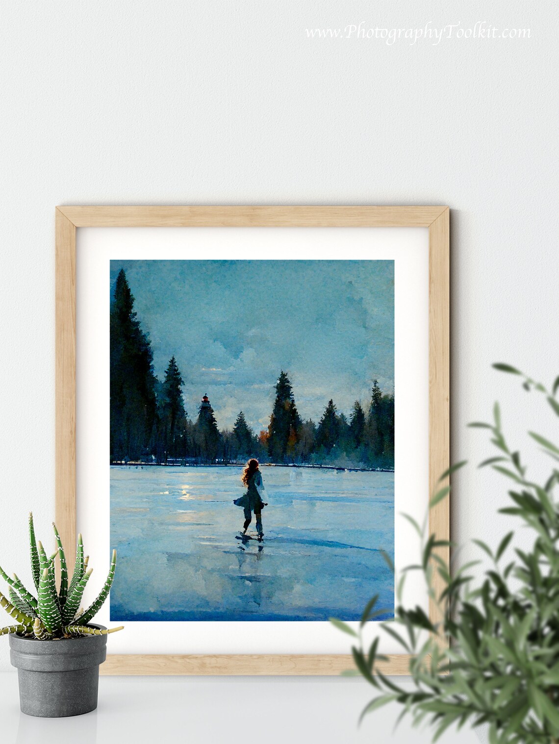Woman Ice Skating on Frozen Lake Pine Trees Winter Scene Poster - Image 5