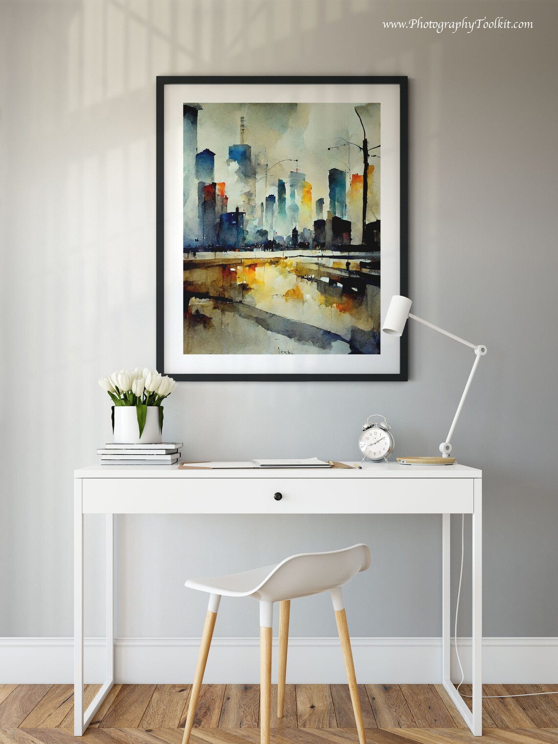 Rainy City Street Skyline Reflections Watercolor Abstract Art Poster - Image 2