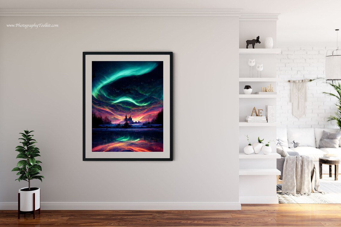 Aurora Borealis Green Lights Frozen Lake Night Sky Nature Poster - Image 4