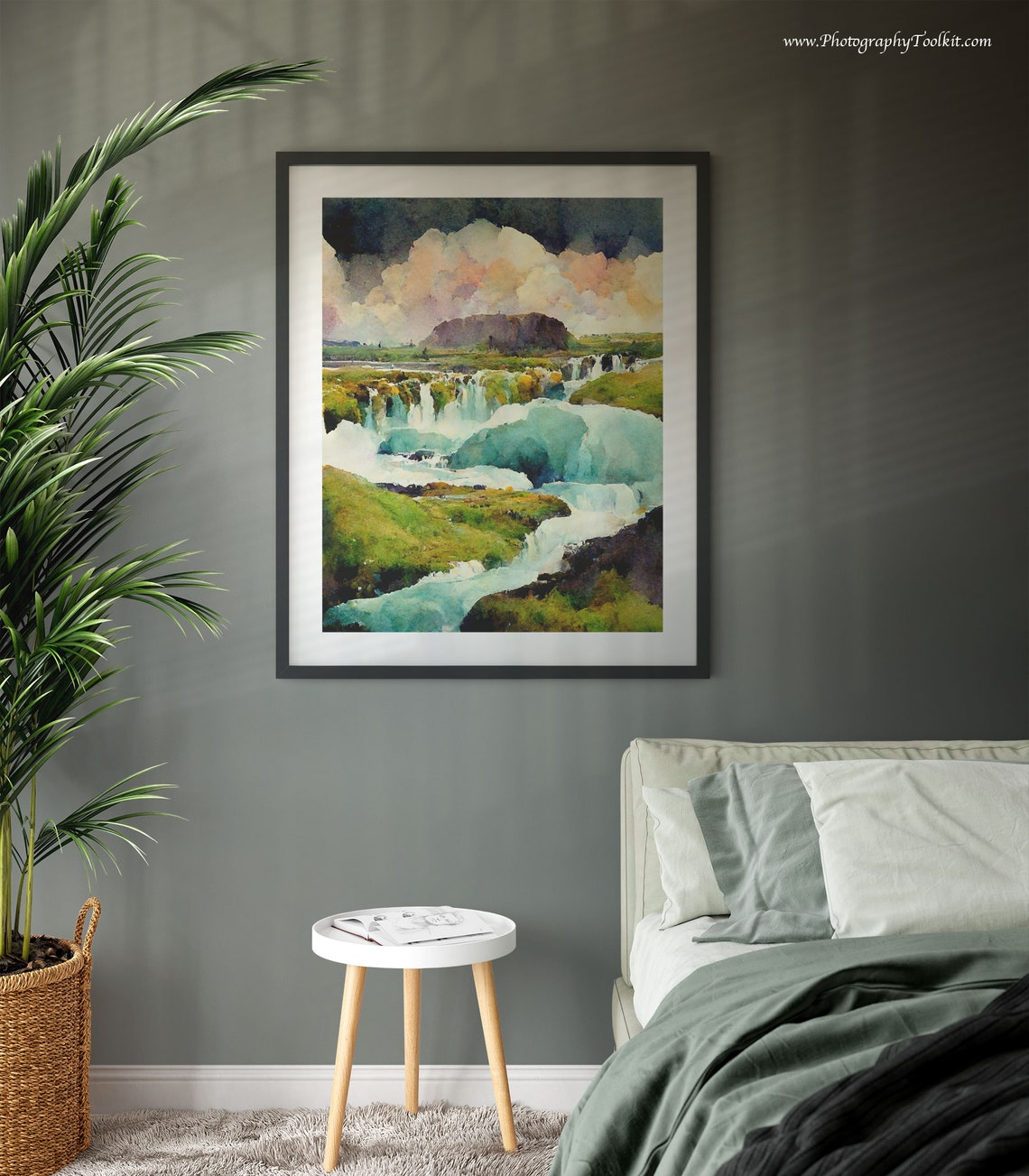 Godafoss Iceland Waterfall Mossy Green Banks Watercolor Poster - Image 3