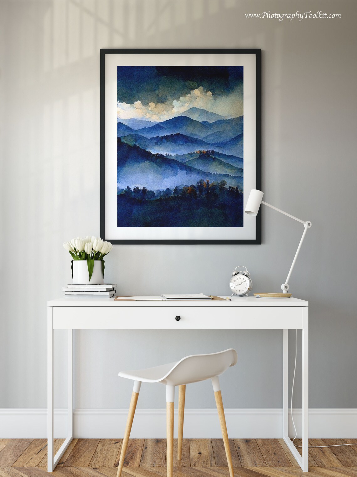 Misty Mountain Layers Blue Watercolor Foggy Peaks Calm Scenic Poster - Image 2