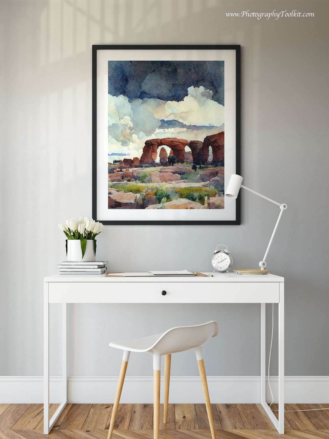Red Rock Arches Desert Watercolor Dramatic Cloudy Sky Southwest Poster - Image 2