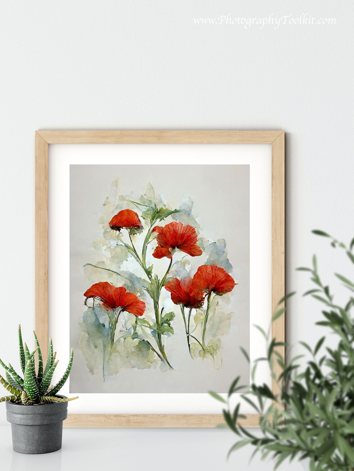 Red Poppy Blooms Watercolor Floral Spray Gray Wash Art Poster - Image 5