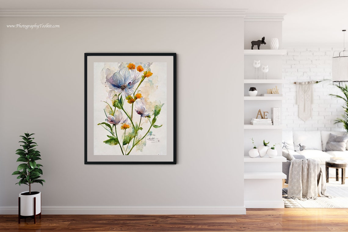 White Wildflowers With Orange Buds Watercolor Floral Art Poster - Image 4
