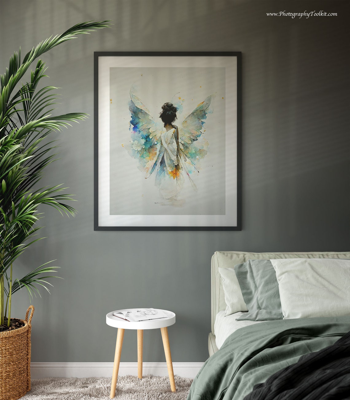 Angel with Watercolor Blue and Gold Wings Seen from Behind Art Poster - Image 3