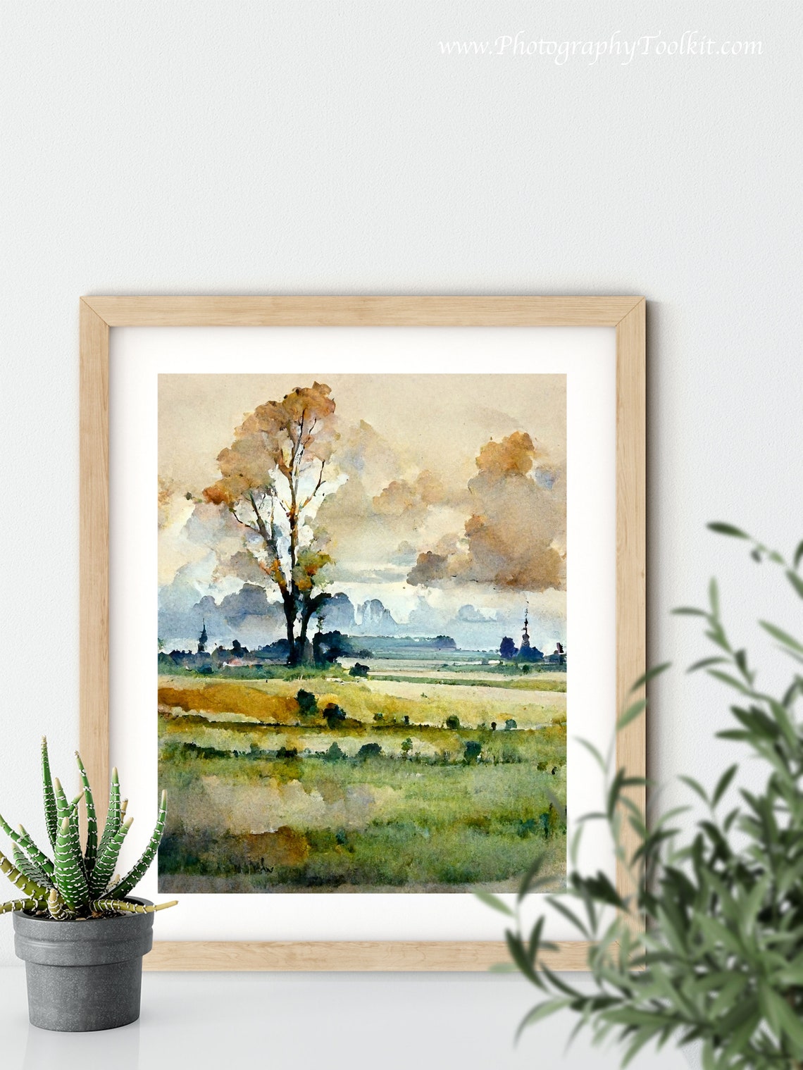 Lone Tree Meadow Soft Clouds Watercolor Tranquil Landscape Poster - Image 5