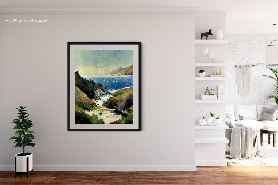 Sunlit Rocky Cove and Cliffs Above a Deep Blue Sea Watercolor Poster - Image 4