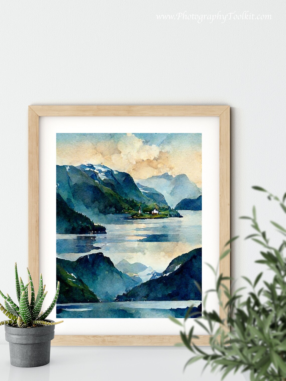 Norwegian Fjord Snow Peaks Village Watercolor Mountain Lake Poster - Image 5