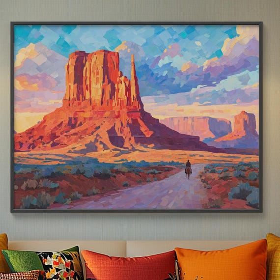 Monument Valley Watercolor Painting Ready To Hang Rustic Country Canvas Art For Home Sunset Buttes Classic Western Dusty Desert Lone Road