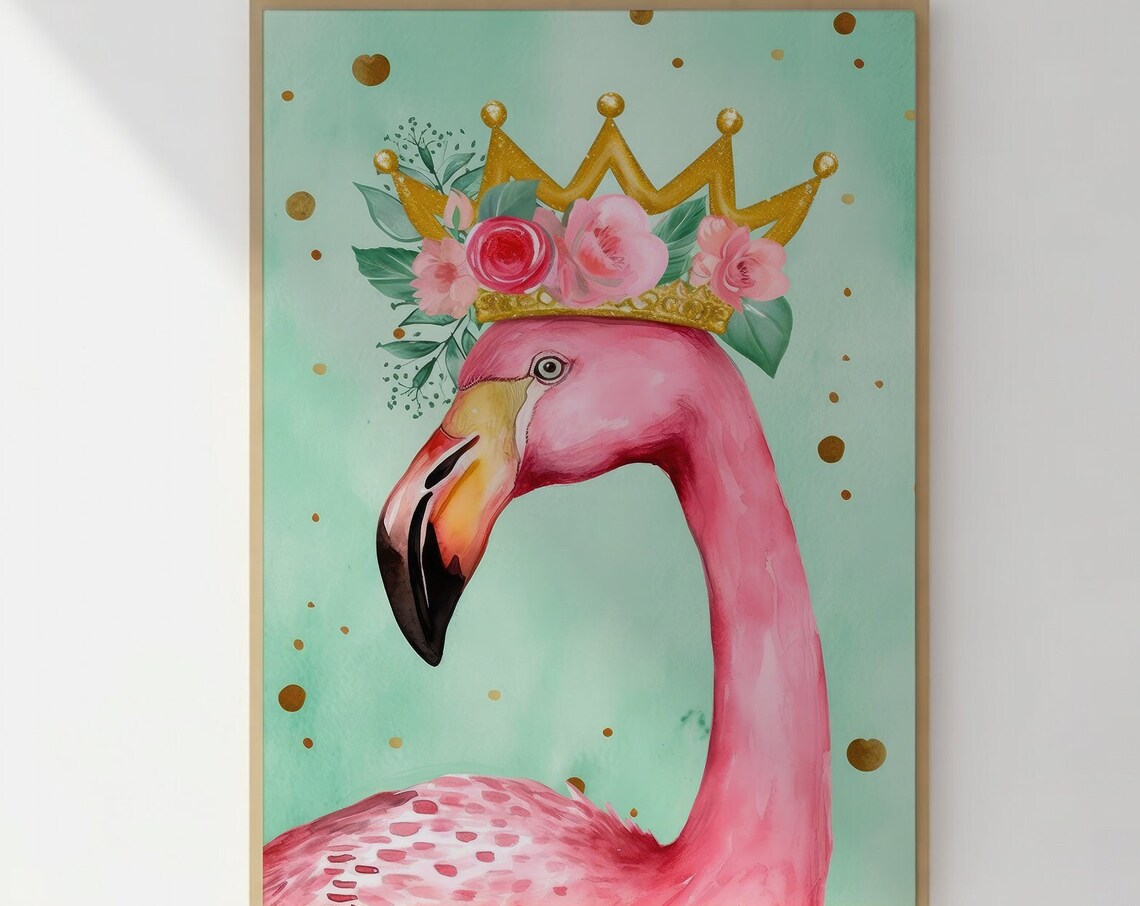 Pink Flamingo Wearing Gold Crown Watercolor Whimsical Bird Art Poster