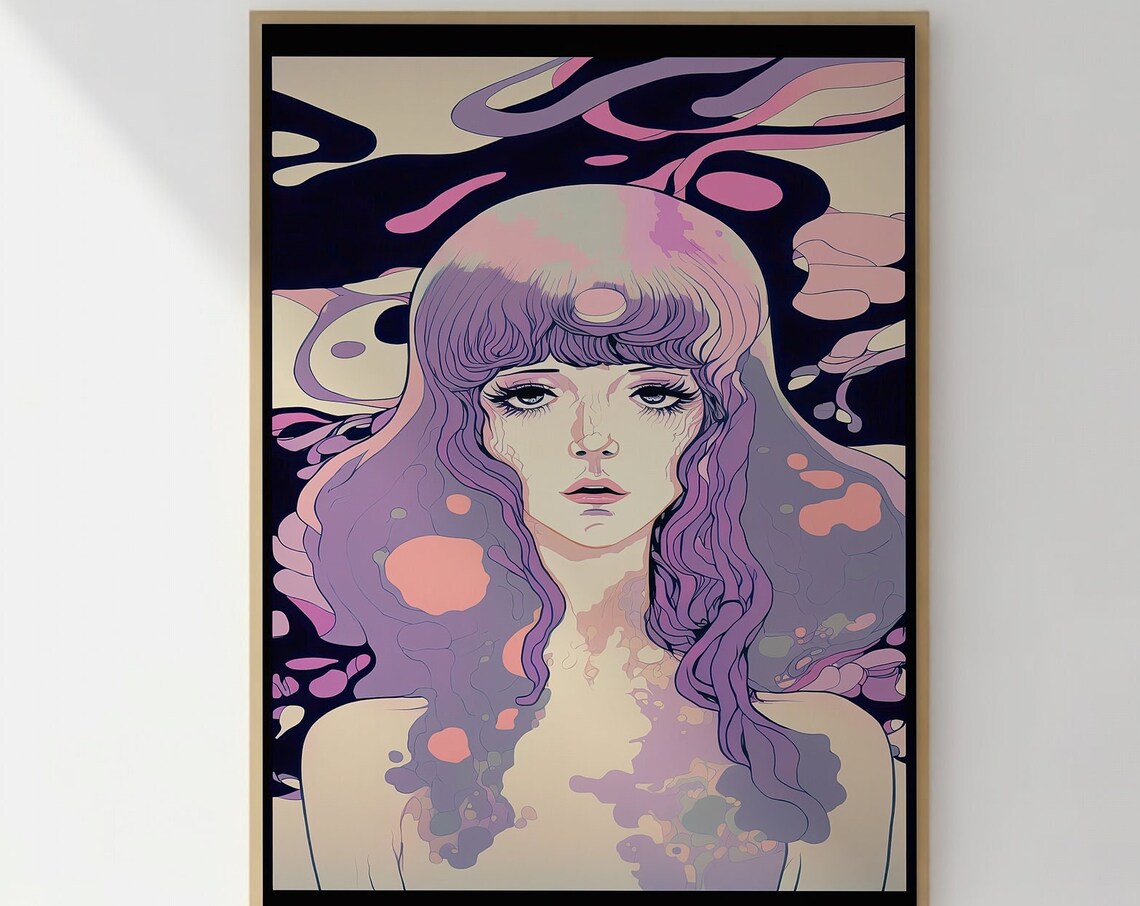 Dreamy Watercolor Portrait of a Purple-Haired Woman Art Poster