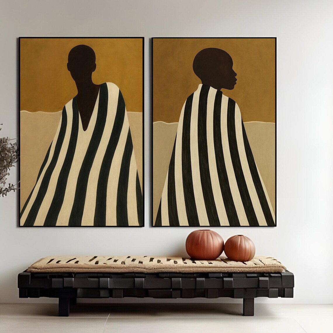 African Silhouette Art Set, Bold Stripes Abstract Print