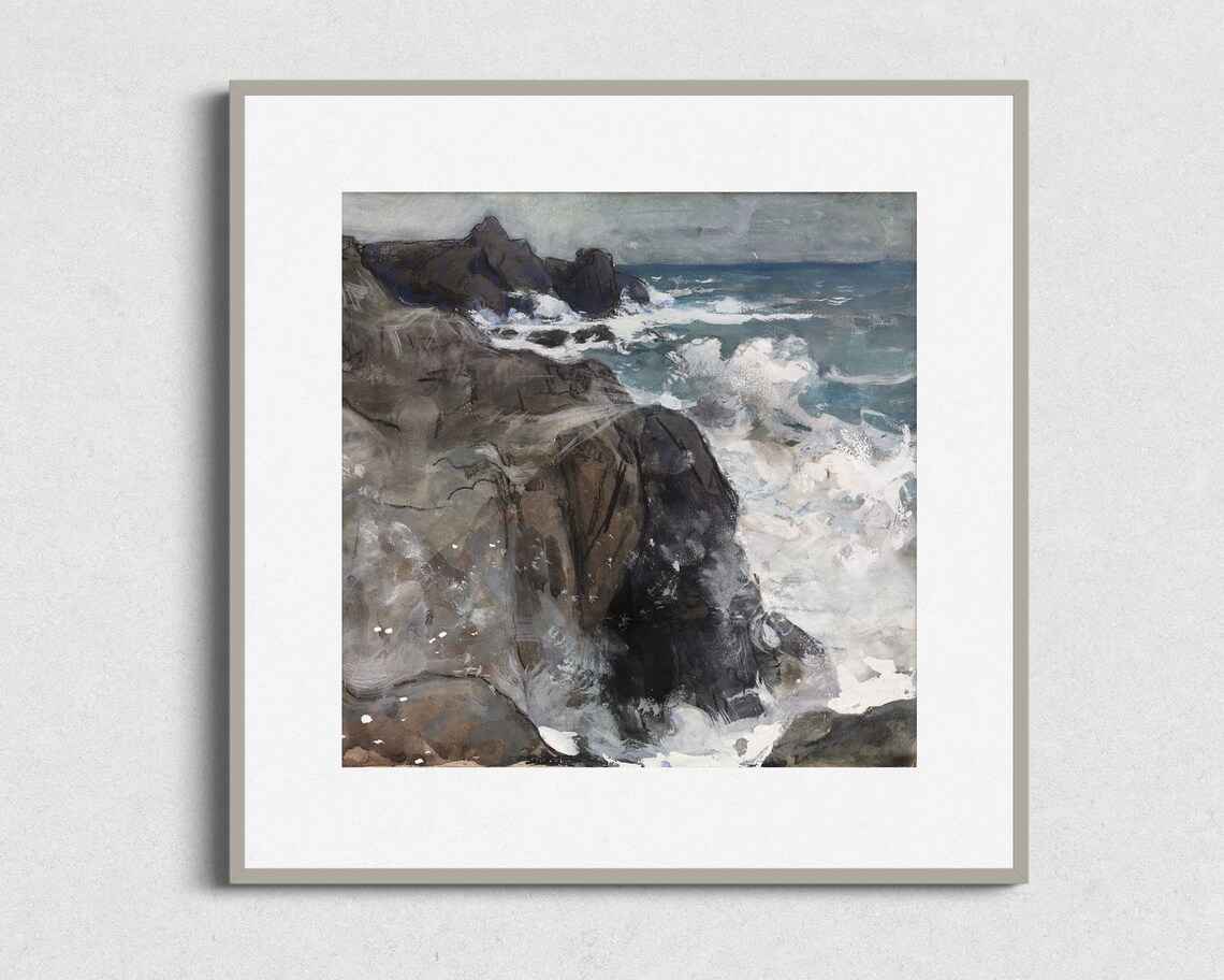 Rocky Shore Watercolor Study Waves Crashing Craggy Rocks Square Art Poster - Image 2