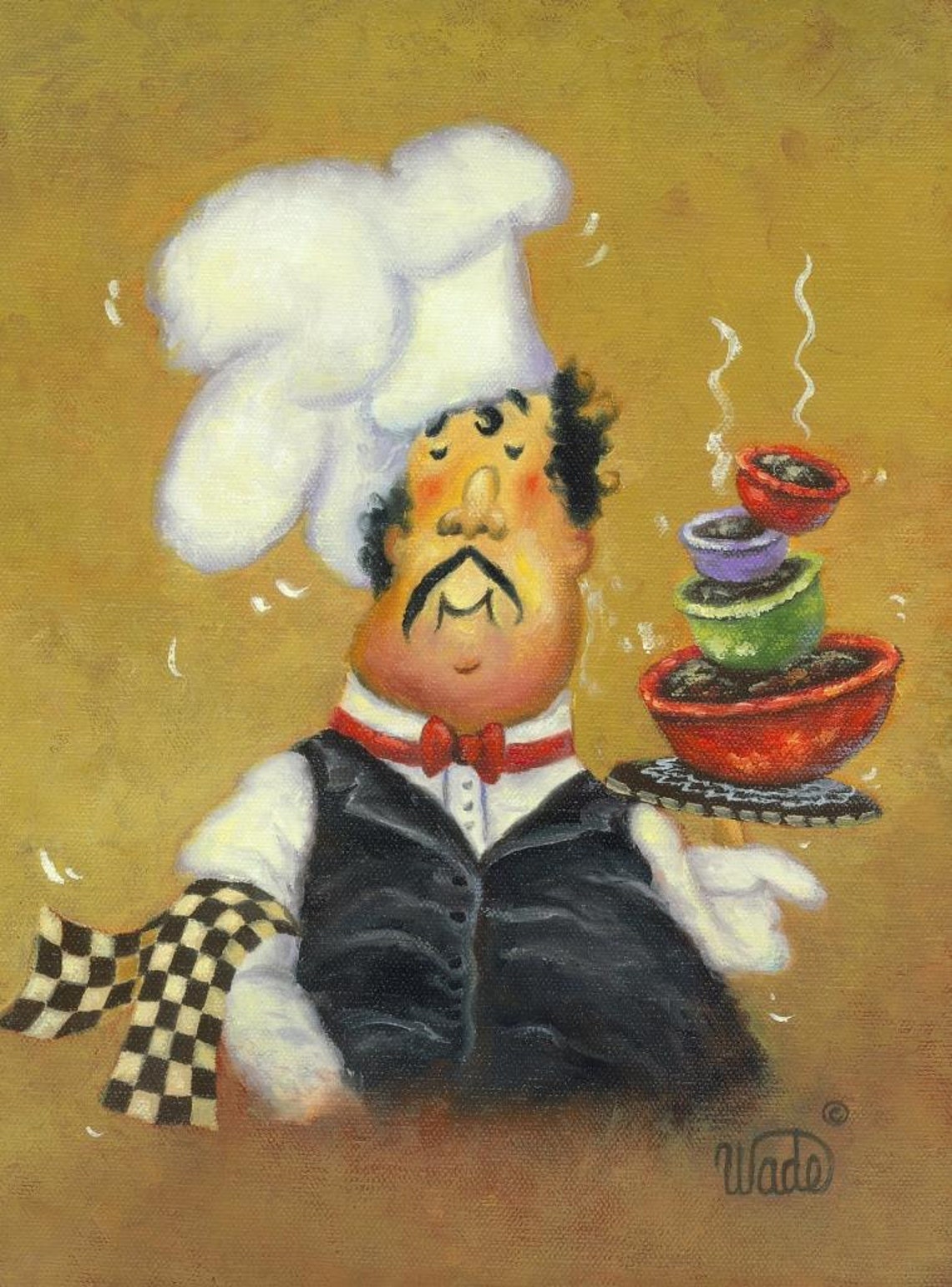 Cheerful Mustached Chef Balancing a Tower of Steaming Bowls Poster