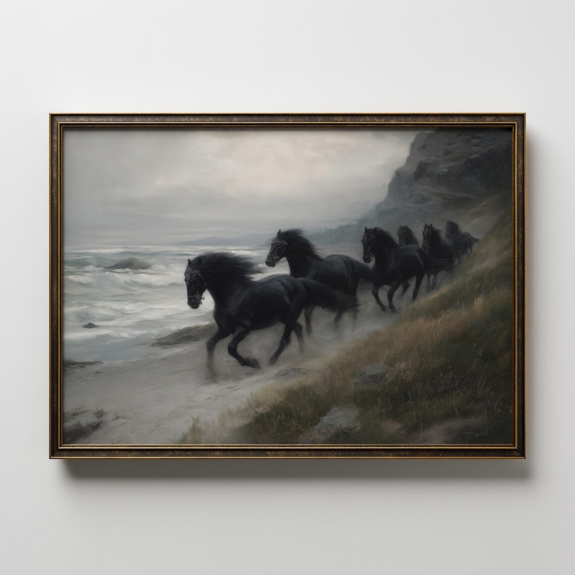 Black Stallions Running By The Ocean Dramatic Wild Horses Painting Poster
