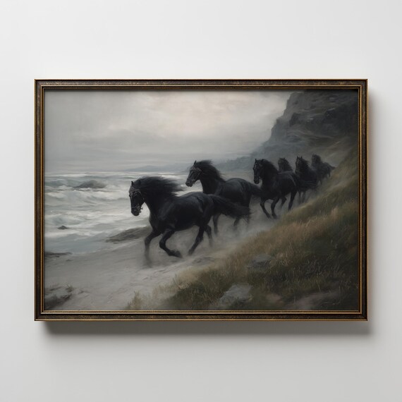 Black Stallions Running By The Ocean Dramatic Wild Horses Painting Poster