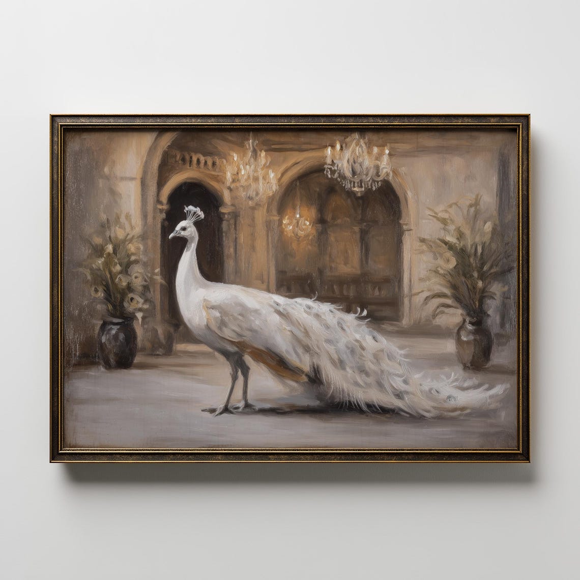 White Peacock Palace Hall Chandeliers Luxury Oil Painting Poster