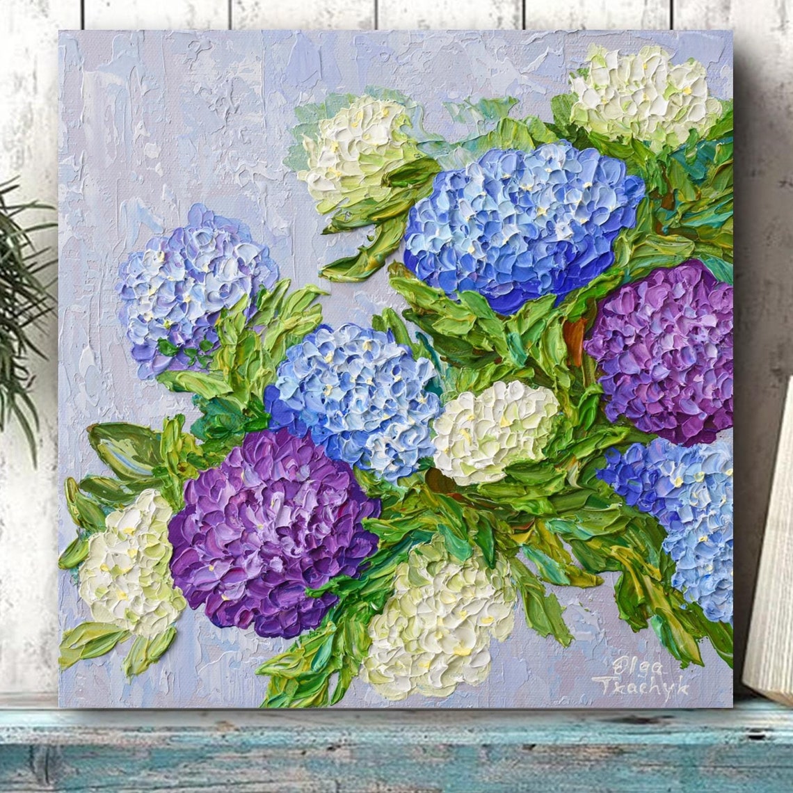 Hydrangea Flowers Painting Blue Purple White Impressionist Floral Art - Image 3