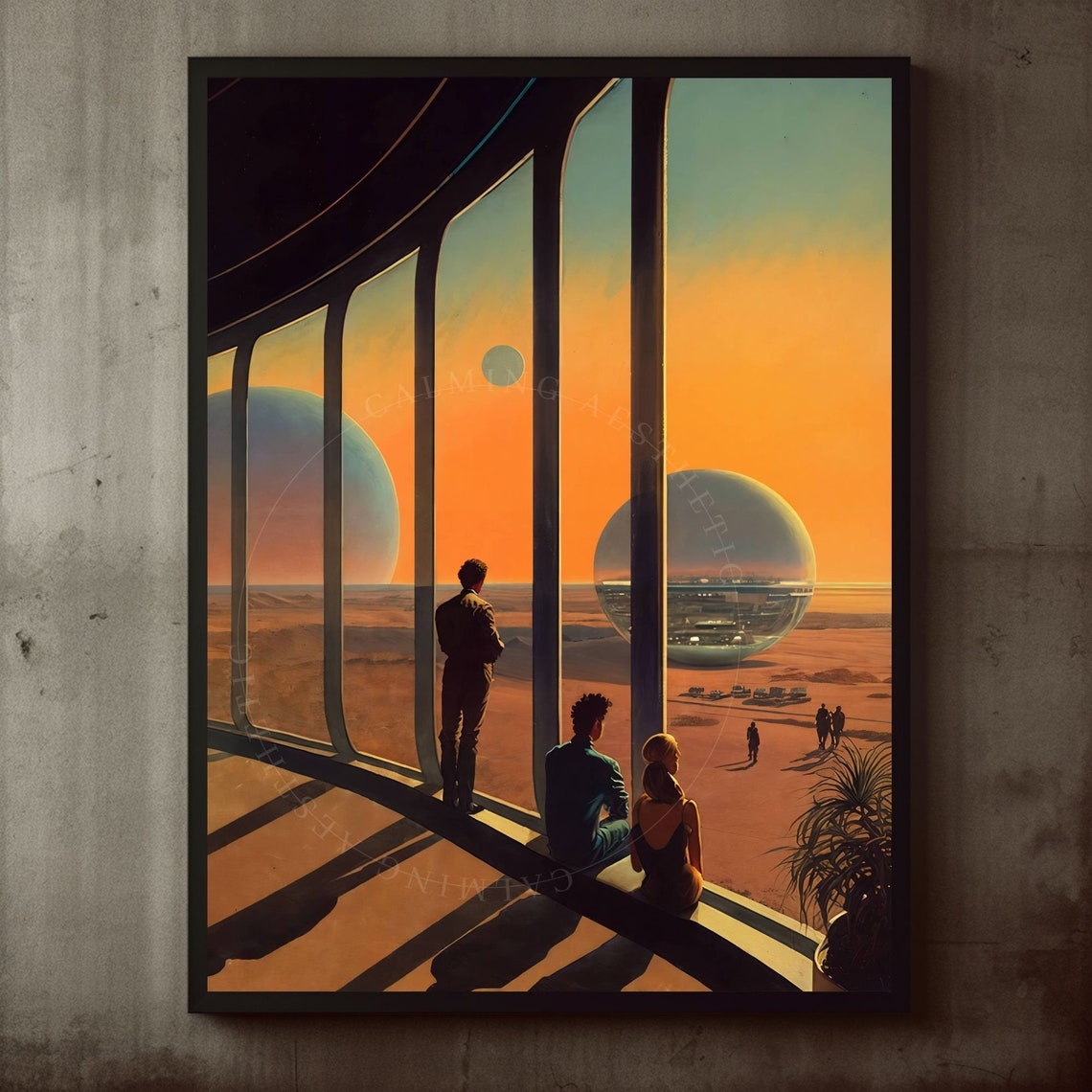 Retro Sci-Fi Observatory With Twin Alien Suns Over Desert Poster