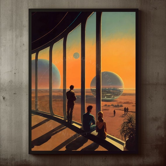 Retro Futuristic Scifi Sunset Space Station Wall Art Print Midcentury Modern Decor Cosmic Minimalism