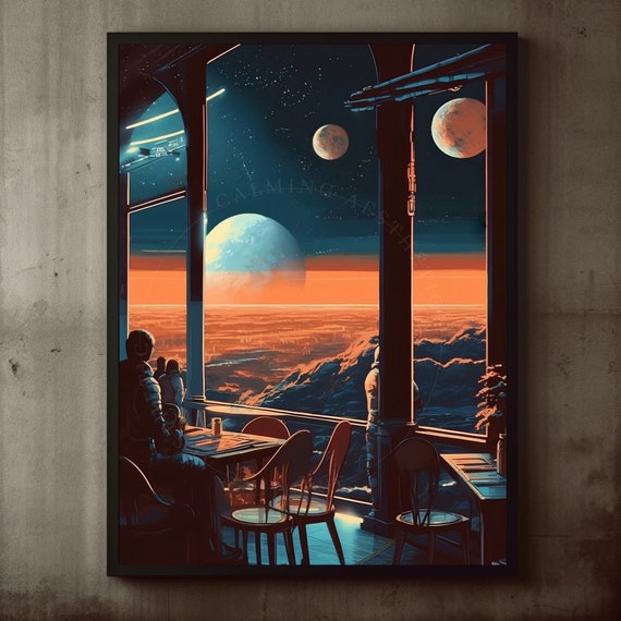 Space Cafe Terrace Collage Art Print Retro Futurism Vintage Wall Sunset Surreal Scifi Decor