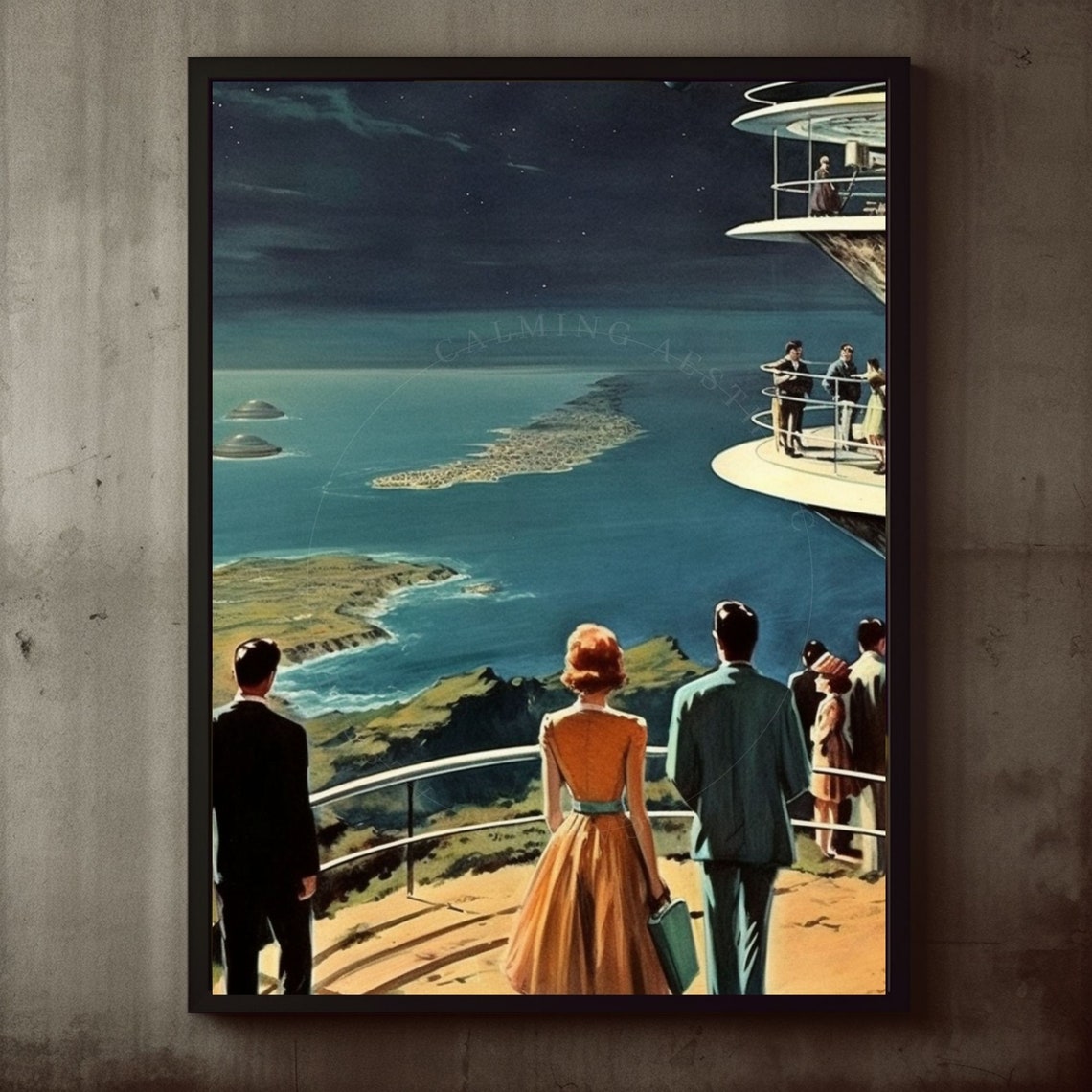 Retro Futuristic Space Balcony Over Alien Ocean Islands Night Poster