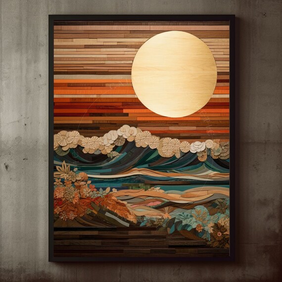 Abstract Wood Carved Style Sunset Wall Art Print Ocean Waves Nature Poster Sun Decor Boho Midcentury