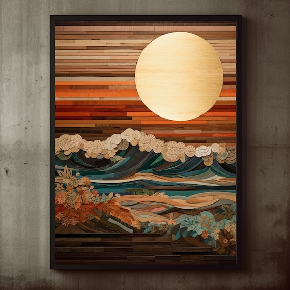 Wood Carved Sunset Over Ocean Waves Warm Tones Abstract Art Poster